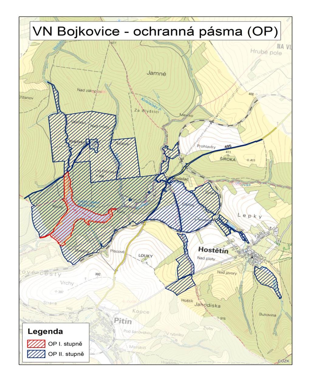 Stávající ochranná pásma (OP) vyhlášena rozhodnutím v roce 2007 OPI: maximální hladina OPII: zóna bezprostřední ochrany zem.