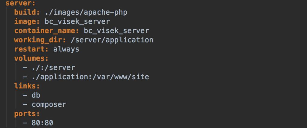 Obrázek 12: Ukázka docker-compose.yml databáze, zdroj: vlastní zpracování První ukázka zobrazuje kód pro nastavení služby db.