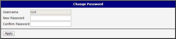 6.3 Změna přístupového hesla Dialog pro změnu hesla lze vyvolat volbou položky Change Password v menu. Heslo je nutné zadat dvakrát, nové heslo se uloží až po stisknutí tlačítka Apply.