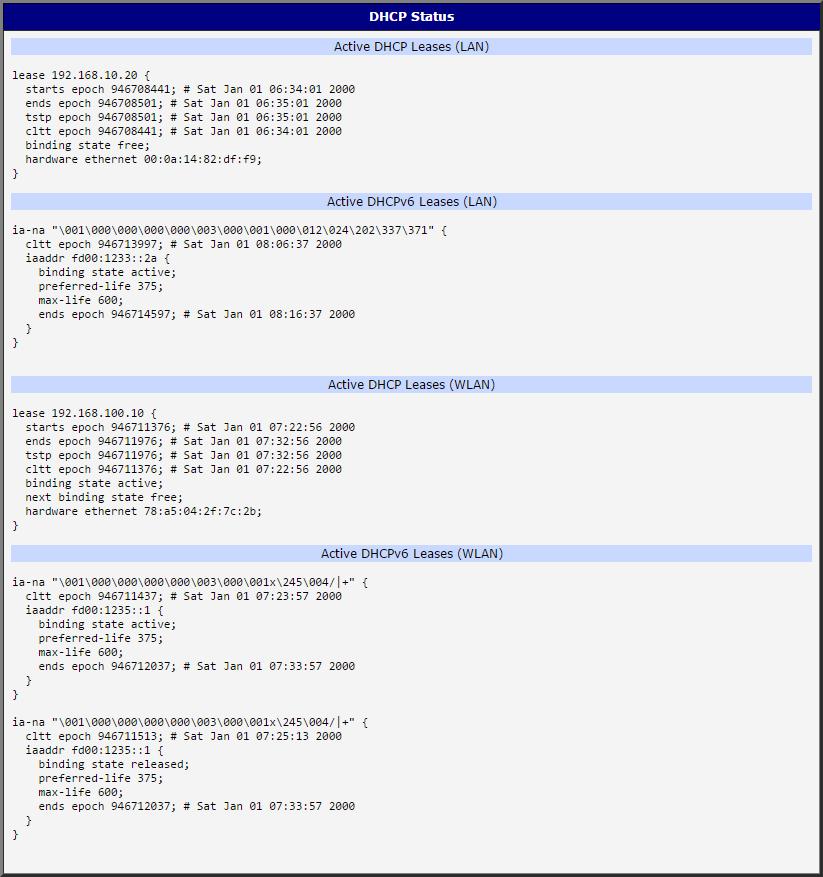 3.6 DHCP Status Informace o činnosti DHCP serveru lze vyvolat volbou položky DHCP status. DHCP server zajišt uje automatickou konfiguraci zařízení připojených do sítě spravované routerem.