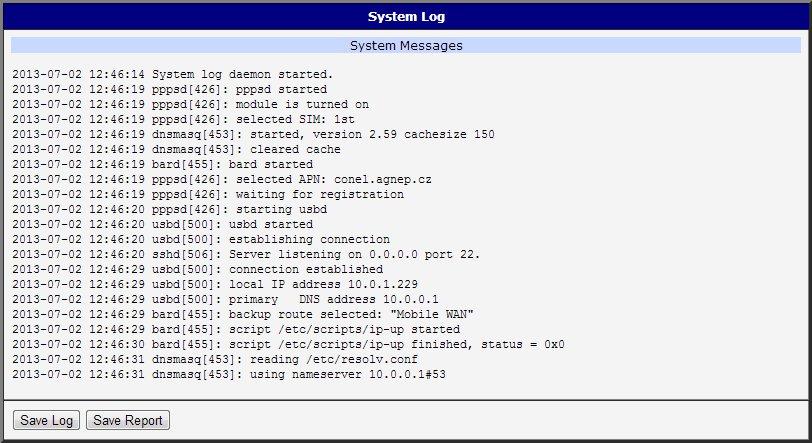 3.9 Systémový log V případě problémů s připojením lze vyvolat systémový log volbou položky System Log v menu. V okně jsou zobrazena podrobná hlášení od jednotlivých aplikací běžících v routeru.