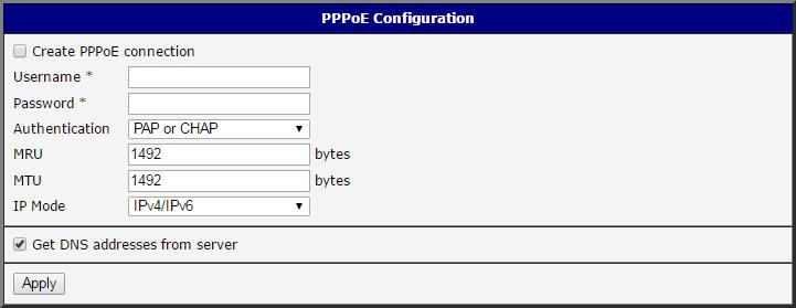 4.6 PPPoE konfigurace Konfiguraci PPPoE klienta je možné vyvolat volbou PPPoE v menu. Pokud je zaškrtnuta volba Create PPPoE connection, pokusí se router po startu vytvořit PPPoE spojení.