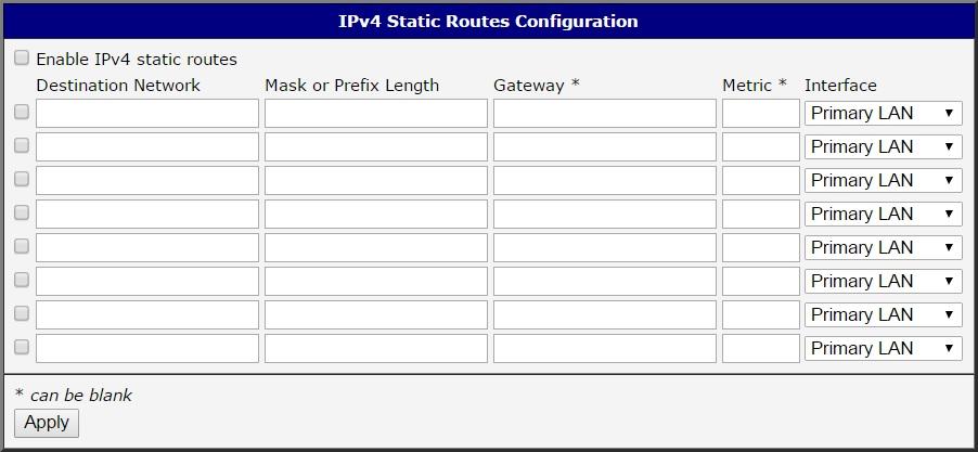 4.10 Static Routes Statické routování lze nastavit v konfiguračním formuláři na stránce Static Routes. Statické směrování definuje pevnou směrovací cestu v síti.