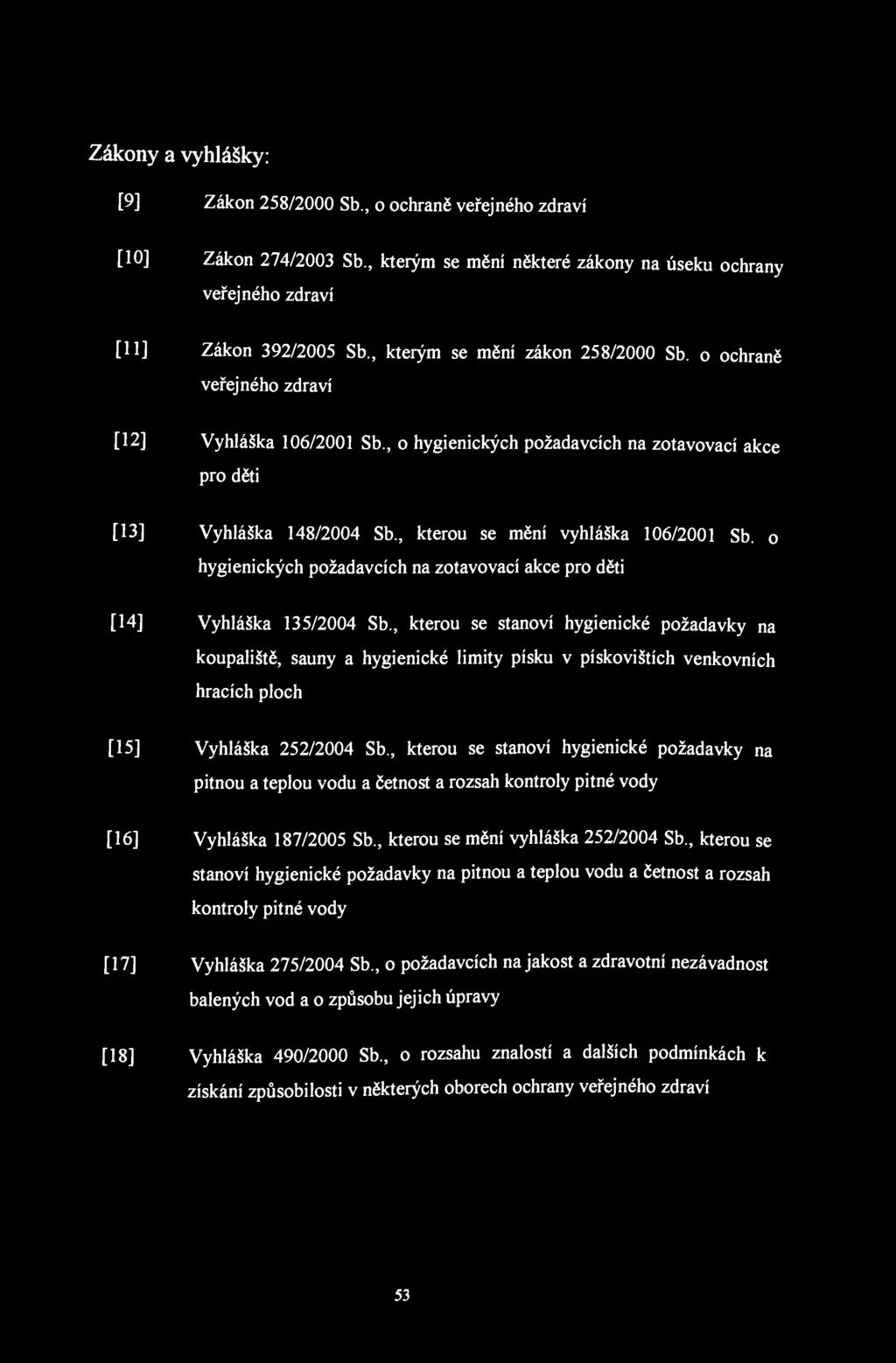 Zákony a vyhlášky: [9] Zákon 258/2000 Sb., o ochraně veřejného zdraví [10] Zákon 274/2003 Sb., kterým se mění některé zákony na úseku ochrany veřejného zdraví [11] Zákon 392/2005 Sb.