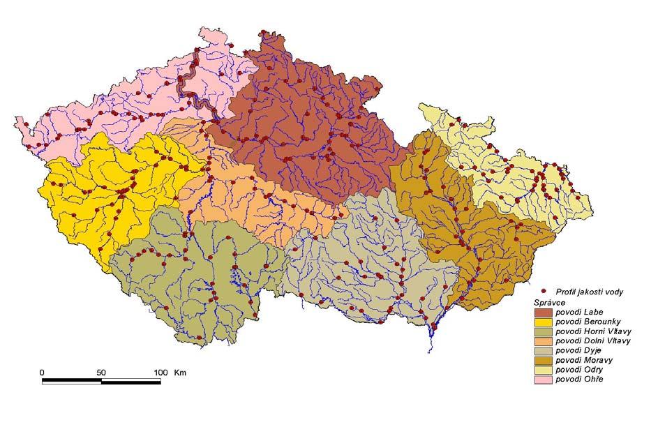 3. HYDROLOGICKÁ BILANCE JAKOSTI VODY ČESKÉ REPUBLIKY V ROCE 2002 Mapa 3 Profily sledování jakosti vody podle oblastí správců povodí Pro účely bilance jakosti povrchové vody bylo na území České