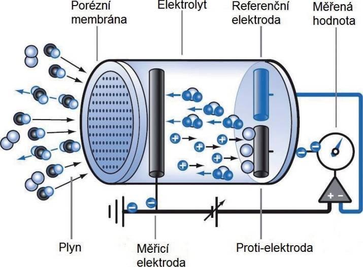4 Elektrochemický princip Elektrochemický princip (obrázek 4) využívá chemických reakcí na elektrodách a v elektrolytech selektivně reagujících článků, jejíž elektrické projevy jsou opět měřitelné a