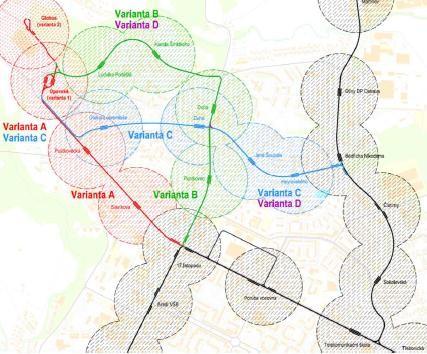 Obr. č. 2 Mapa se zvýrazněním jednotlivých variant výstavby tramvajové trati Zdroj: (4)