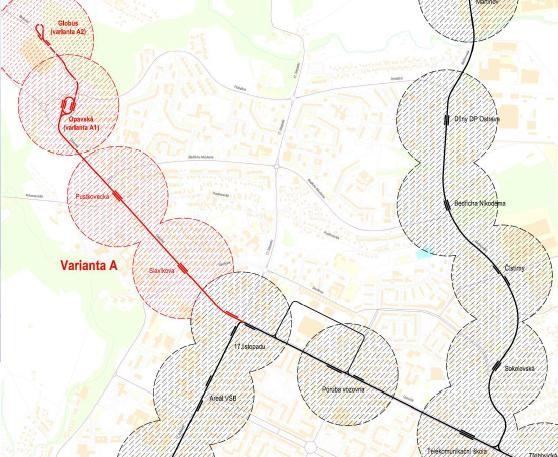 Obr. č. 3 Mapa se zvýrazněním varianty A výstavby tramvajové trati Zdroj: (4)