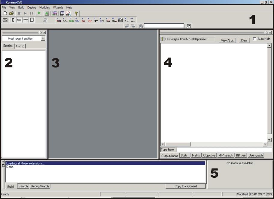 Obr. č. 9 Pracovní plocha software Xpress-IVE Zdroj: (6) Pracovní plochu prostředí tvoří pět základních částí (znázornění čísly na obr. č. 8).