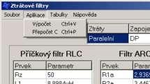 Menu Aplikace obsahuje dvě poloţky. Poloţka Výpočet slouţí ke spuštění výpočtu filtru podle zadaných parametrů.