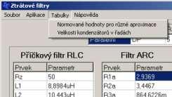 filtrů, poloţka Velikosti kondenzátorů v řadách zase normované hodnoty řady E (obr. 3.27). Obr. 3.27 Hlavní okno, menu Tabulky. Menu Nápověda obsahuje dvě poloţky.