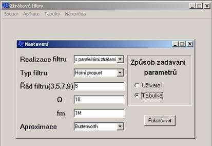 tří aproximací (Butterworth, Bessel, Čebyšev), podle které program vybere z tabulek normované hodnoty parametrů filtru. Obr. 3.32 Nastavení vstupních parametrů z tabulek.