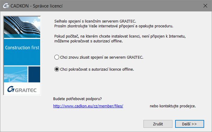 Aktivování licence offline Pokud počítač, na který chcete instalovat licenci, není připojen k internetu nebo se vyskytly problémy během aktivace online, můžete aktivovat CADKON+ pomocí manuální