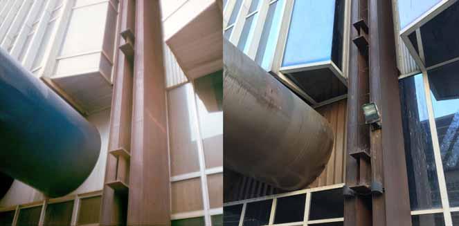 2: Detail zakomponování sloupu z materiálu typu Atmofix do budovy Transgasu na Vinohradské třídě vzhled patiny v roce 1979 (vlevo) [17] a v roce 2018