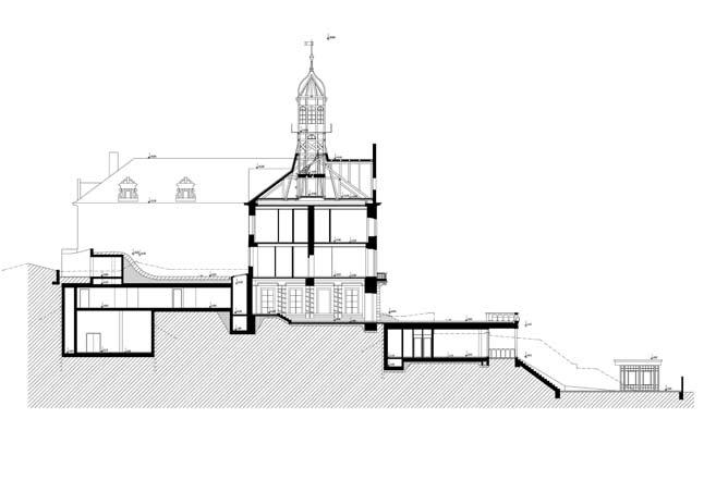 Panoramatický pohled z jihu se zákresem projektovaných staveb Zakládání a rozšíření zámečku Celý zámeček stojí na skalnatém podloží (břidlice 4. třídy těžitelnosti).
