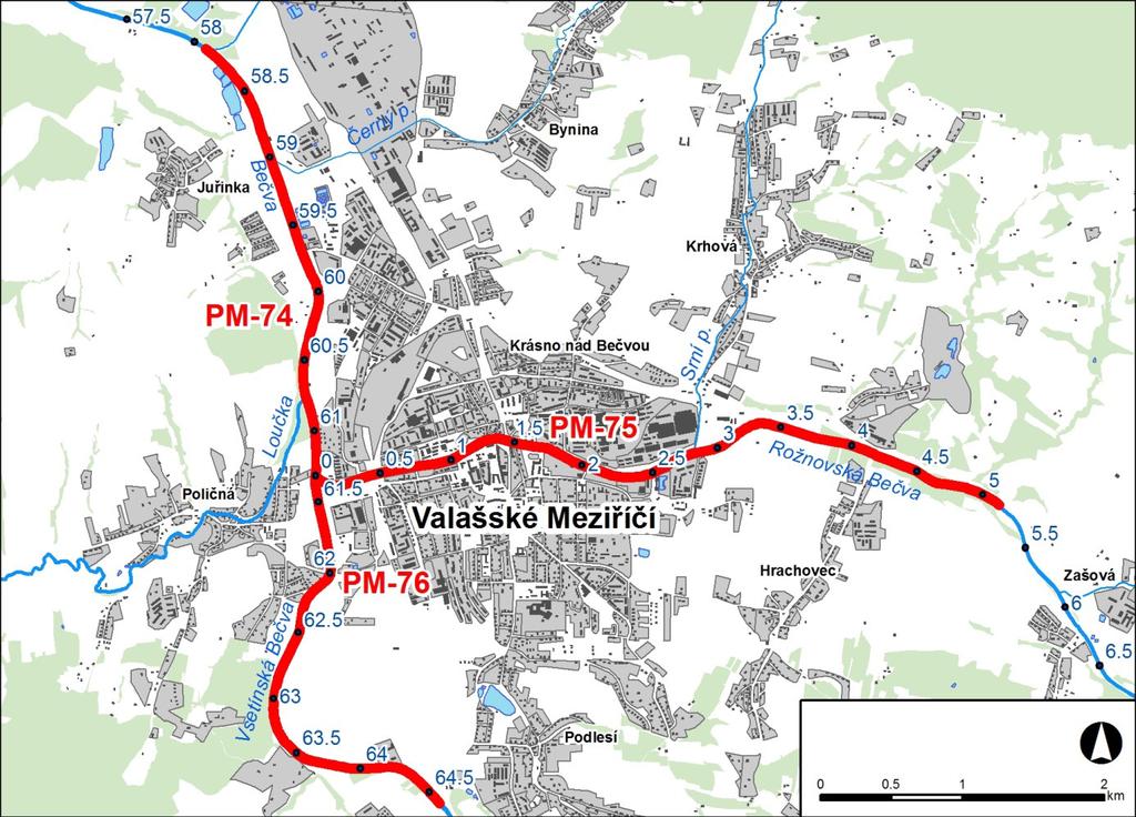 1. LOKALIZACE Předmětem řešeného území je úsek na toku Bečva v km 58,097 61,323*, na toku Rožnovská Bečva v km 0,012 5,144* a na toku Vsetínská Bečva v km 0,016 3,270 Obr. č.