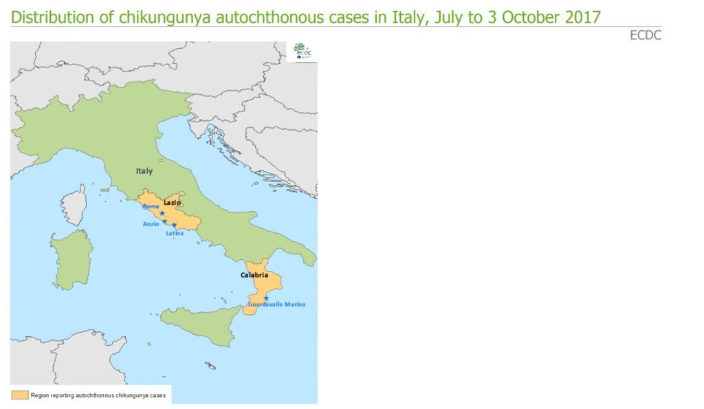 Horečka chikungunya - epidemiologie Itálie: 298 případů Lazio, Řím, Kalábrie, Marka,