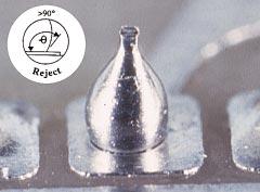6.1 Kritéria přijatelnosti pro pájení (pokr.) 1 2 θ θ <90 90 >90 θ θ θ Obr. 6-1 >90 θ Cíl-Třída 1,2,3 Kužel pájky se jeví většinou hladký a vykazuje dobré smáčení pájky na součásti, které se spojují.