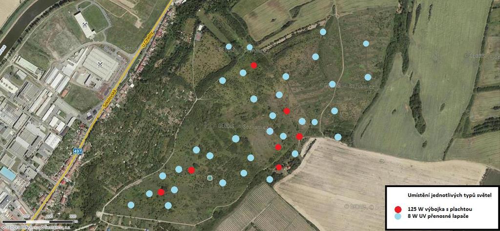 br.5: Rozmístění jednotlivých typů světel během monitoringu v roce 2015. Zdroj: http://www.mapy.cz br.6: Šípkové keře poskytují ideální místo pro výsadbu dubových stromků.