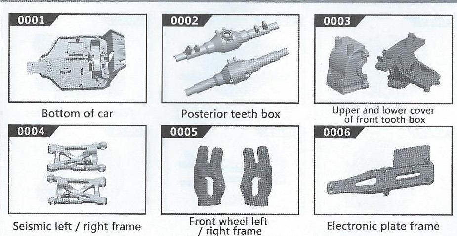 Seznam příslušenství Bottom of car dno auta Posterior teeth box převodovka Upper and lower cover of front tooth box horní a dolní část krytu