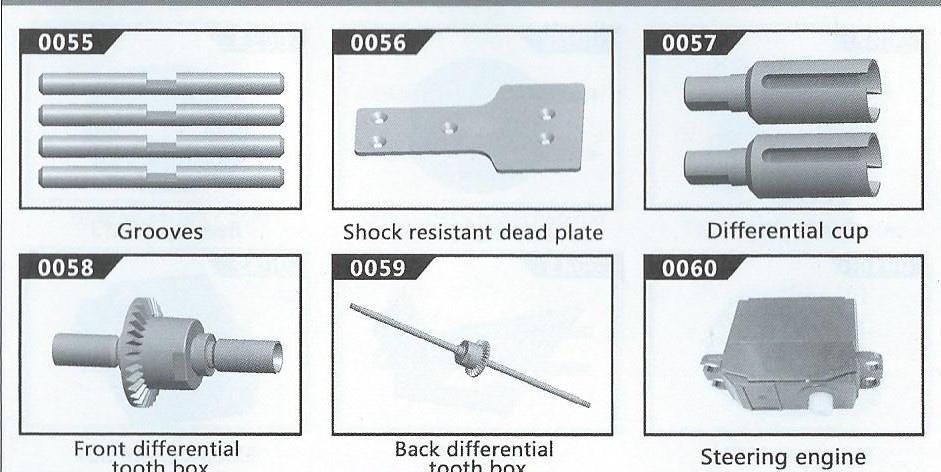 Grooves pilíře Shock resistant dead plate základna uchycení tlumičů Differential cup krytky diferenciálu Front differential tooth box přední ozubený převod Back