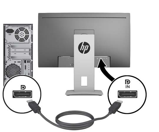 Jeden konec kabelu DisplayPort připojte do konektoru DisplayPort IN na zadní straně monitoru a druhý konec do konektoru DisplayPort na zdrojovém zařízení.