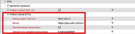 - Parametry v Konfigurační větvi SÚKL Hlášení závad (UTIL) musí být nastavena takto: - Parametr SÚKL Hlášení závad (UTIL) Komunikační rozhraní nastaven na REST (2017) - Parametr SÚKL Hlášení závad