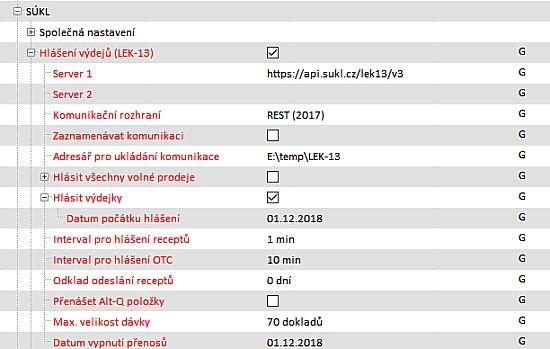 sukl.cz/lek13/v3 - Parametr SÚKL Hlášení výdejů (LEK-13) Komunikační rozhraní by měl být nastaven na REST (2017) - Parametr SÚKL Hlášení výdejů (LEK-13) Hlásit