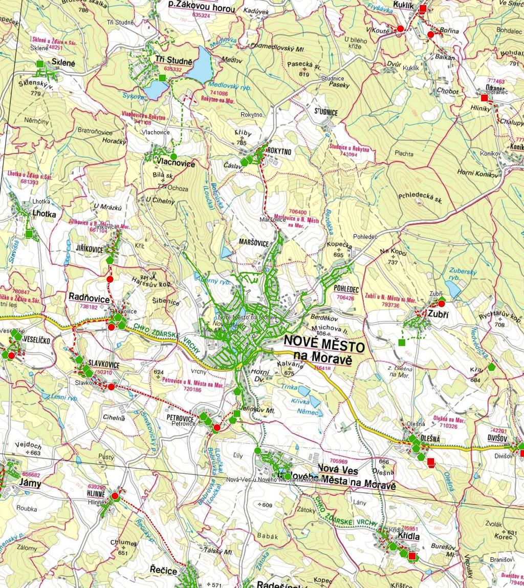 Nové Město na Moravě (karta obce: B_8_329) MAPA - KANALIZACE Trasování sítí, lokalizace ČOV, čerpacích stanic, výústí, odlehčovacích komor Kanalizace: