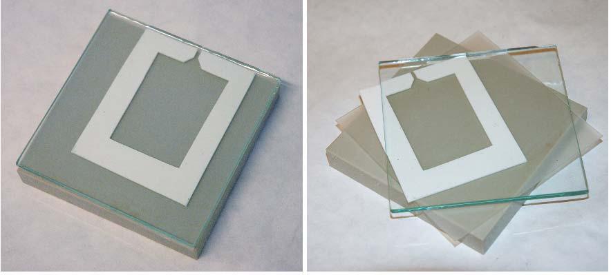 rozměru 10x10 cm a tloušťky 1 mm. Tato mezivrstva slouží k tomu, aby měl následně polymerovaný materiál co nejhladší povrch a zároveň nedocházelo k jeho laminaci k hornískleněné desce.