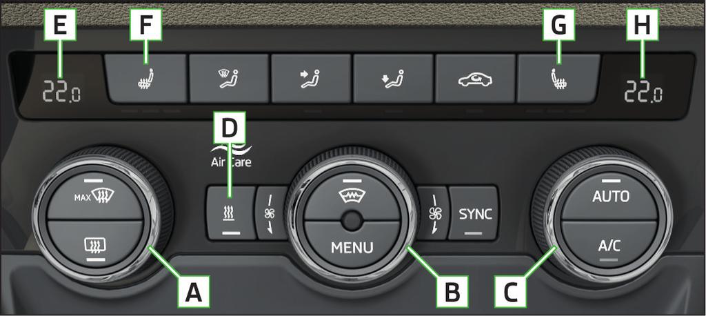 Klimatizace Climatronic Jednotlivé funkce nastavíte nebo zapnete otočením ovladače, resp. stisknutím příslušného tlačítka. Pokud je funkce zapnutá, svítí v tlačítku, resp.
