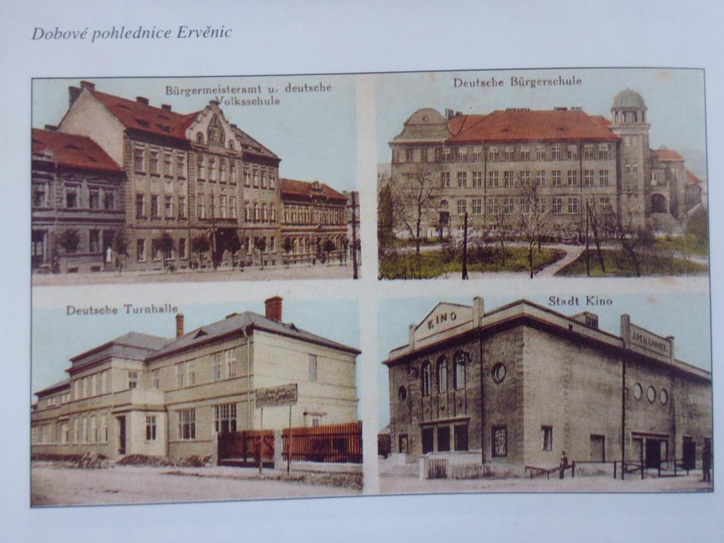 6. Dobová pohlednice Ervěnic v pravém horním rohu Německá měšťanská škola, Zaniklé obce