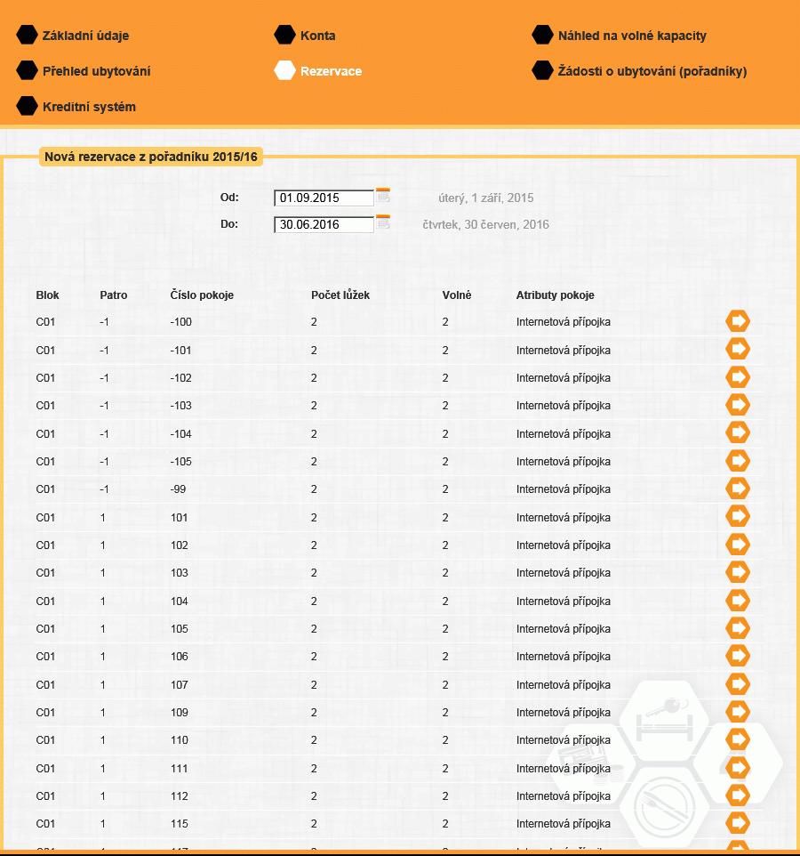 Pak zvolte období, po které chcete být ubytováni a vyberte konkrétní blok a pokoj. Začátek ubytování na ak. rok 2015/2016 