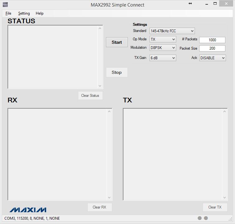 obr. 4-21 Software MAX2992 Simple Connect 4.3.1 Měření UREL Měření na ústavu radioelektroniky proběhlo ve třech sériích měření, které se odlišovaly topologií.