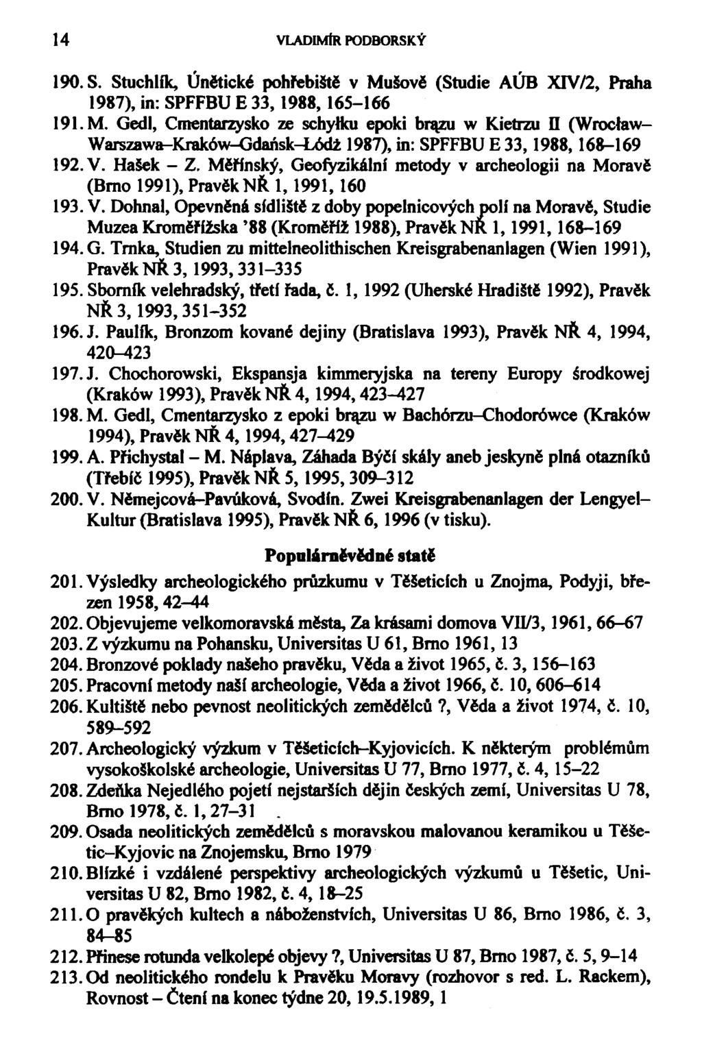 14 VLADIMÍR PODBORSKÝ 190. S. Stuchlík, Únětické pohřebiště v Mušově (Studie AÚB XIV/2, Praha 1987), in: SPFFBU E 33,1988, 165-166 191. M. Gedl, Cmentarzysko ze schyticu epoki brazu w Kietrzu II (Wrocíaw- Warszawa-Kraków-Gdaňsk^ódž 1987), in: SPFFBU E 33,1988,168-169 192.