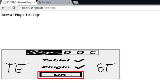 6. Přejděte na stránku http://bp.srv.softpro.de/test.html. Testovací stránka zobrazí text SignDoc a stejný obsah se zobrazí i na SignPadu.