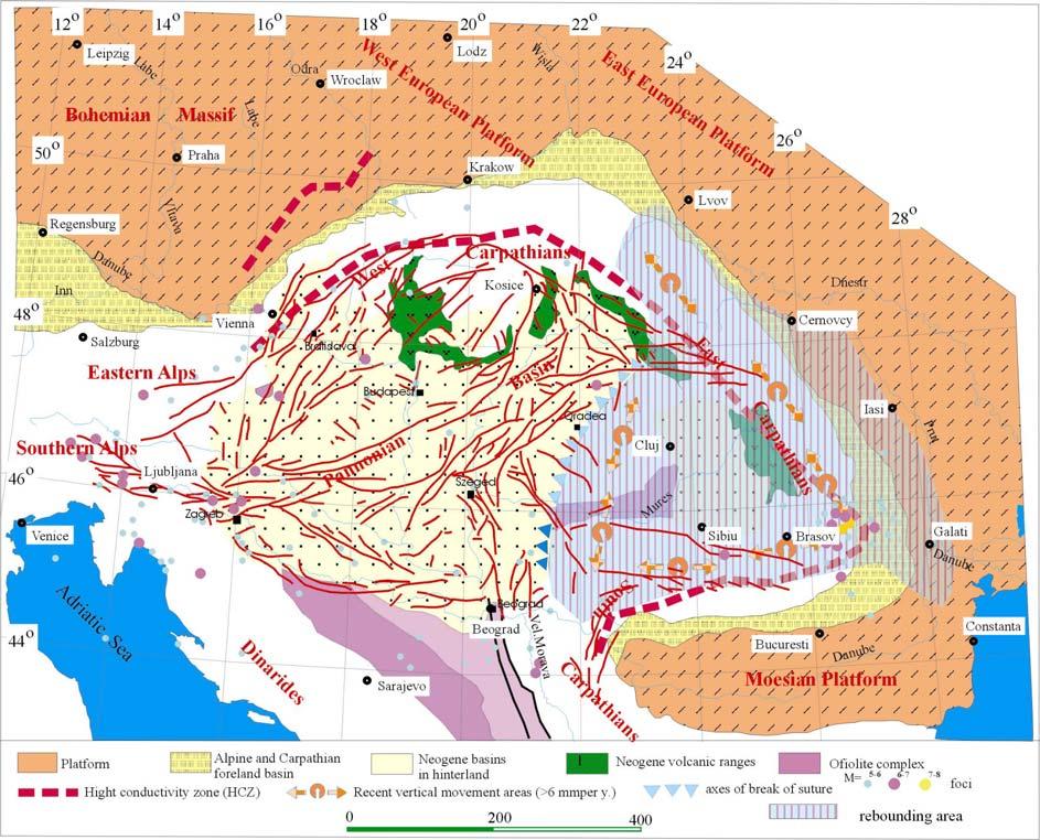 Acta Montanistica Slovaca Ročník 12 (2007), mimoriadne číslo 1, 105-114 Post-subdukční deformace litosféry Současná pozice lineárního terciérního magmatismu (Obr.