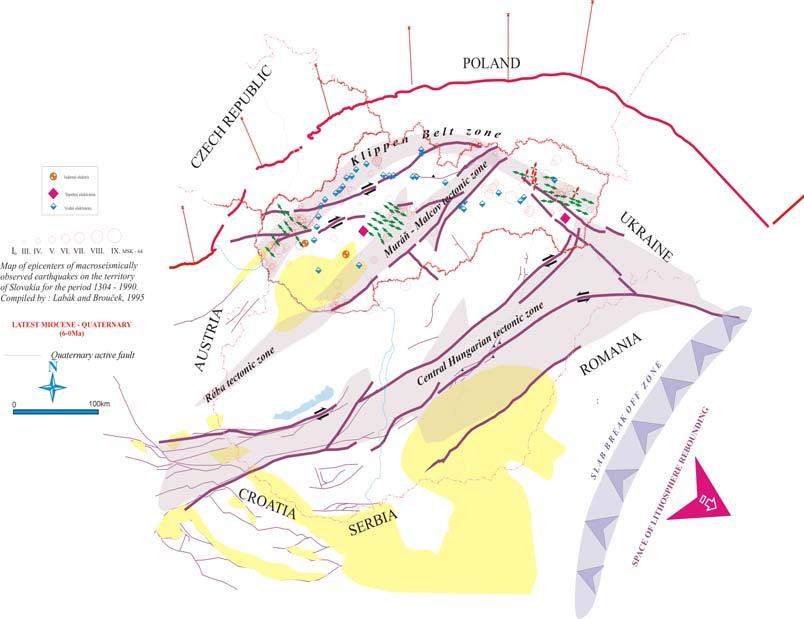 Acta Montanistica Slovaca Ročník 12 (2007), mimoriadne číslo 1, 105-114 Obrázek 6 shrnuje nejvýznamnější rizikové oblasti z pohledu seismotektonického a nejnovějších geodetických měření.