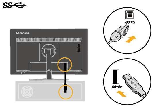 Další informace viz následující odkazy: www.lenovo.com/support/monitoraccessories 4. Připojte jeden konec kabelu USB 3.