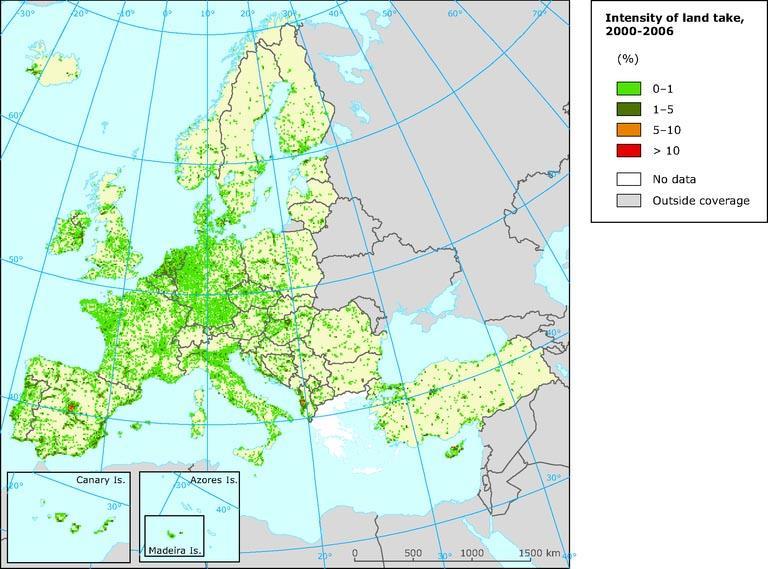 Intenzita záborů půd v Evropě v letech