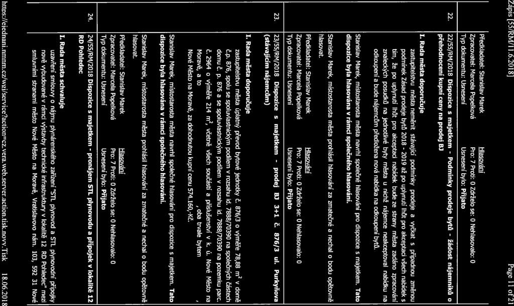 Zápis [55/RlvI/1 1.6.2018] Page 11 of2l Zpracovatel: Marcela Popelková Pro: 7 Proti: O Zdrželo se: O Nehlasovalo: O 22.