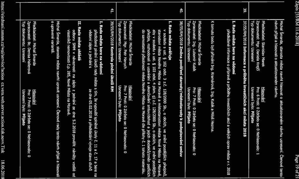 Zápis [55/RM/l1.6.2018j Page 19 of2l Michal Šmarda, starosta města navrhl hlasovat o aktualizovaném návrhu usnesení. Členové tento návrh přijali a hlasovali o aktualizovaném návrhu. Zpracovatel: Mgr.