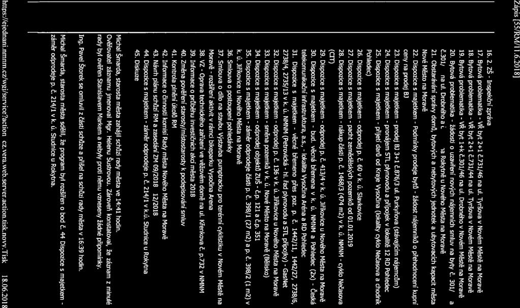 odprodej věcné cyklo Zápis [55/RM/l 1.6.2018] Page 2 of21 16. 2. ZŠ - Inspekční zpráva 17. Bytová problematika - VŘ byt 2+1 č.731/46 na ul. Tyršova v Novém Městě na Moravě 18.