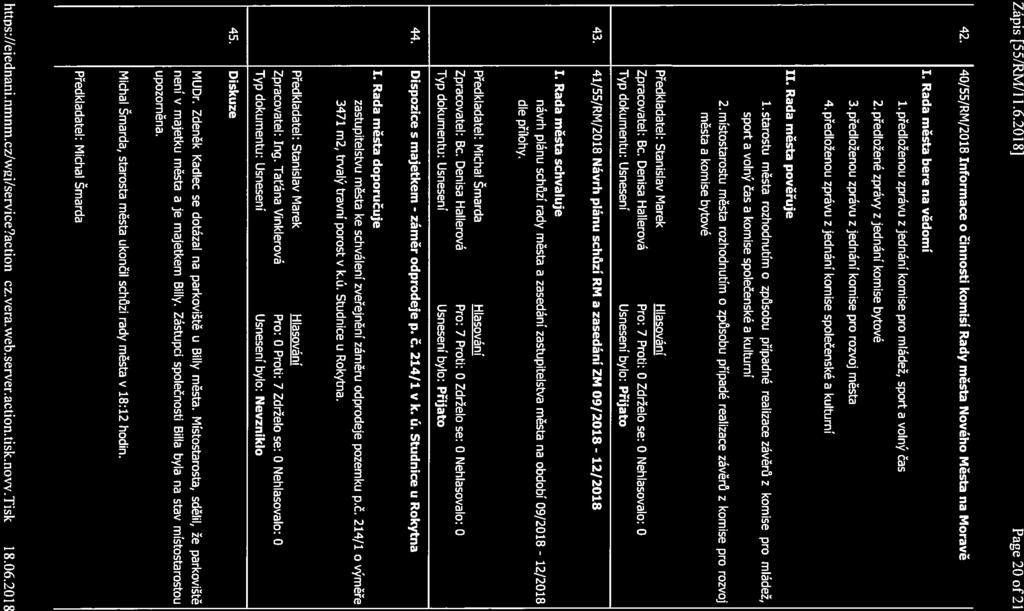 Zápis [55/RM/l 1.6.2018] Page 20 of2l 42. 40/55/RM/2018 Informace o činnosti komisí Rady města Nového Města na Moravě I. Rada města bere na vědomí 1.