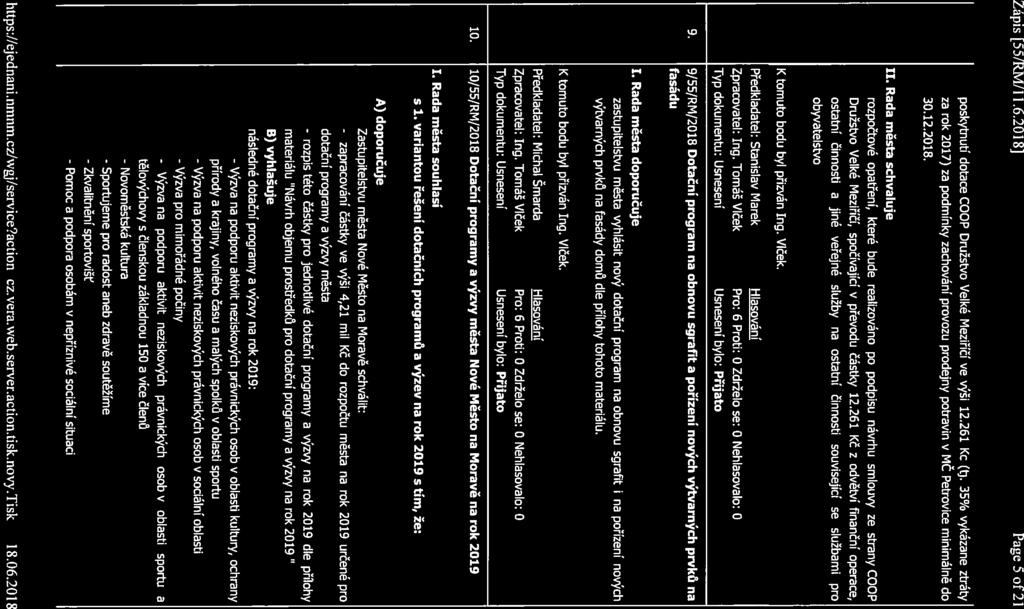 - Výzva - Novoměstská Zápis [55ĺRM/11.6.2018] Page 5 of2l poskytnutí dotace Coop Družstvo Velké Meziříčí ve výši 12.261 Kč (tj.