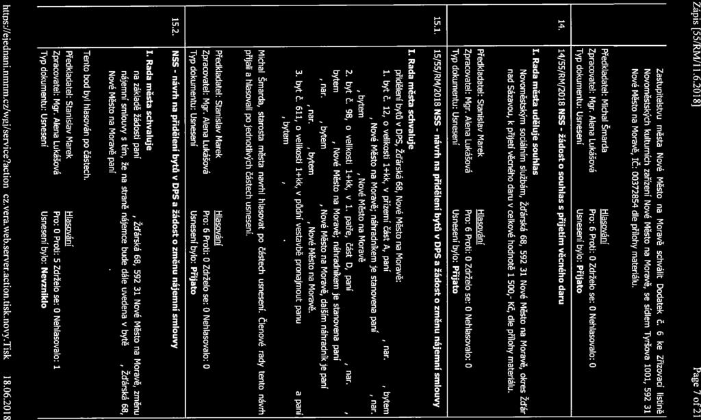 Zápis [55/RM/11.6.2018J Page 7 of21 Zastupitelstvu města Nové Město na Moravě schválit Dodatek č.