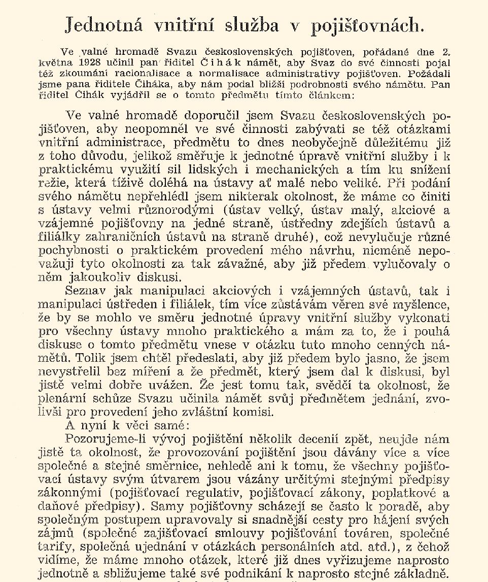 Retrovize Jednotná vnitřní služba v pojišťovnách Redakce Pojistného obzoru Pojistný obzor