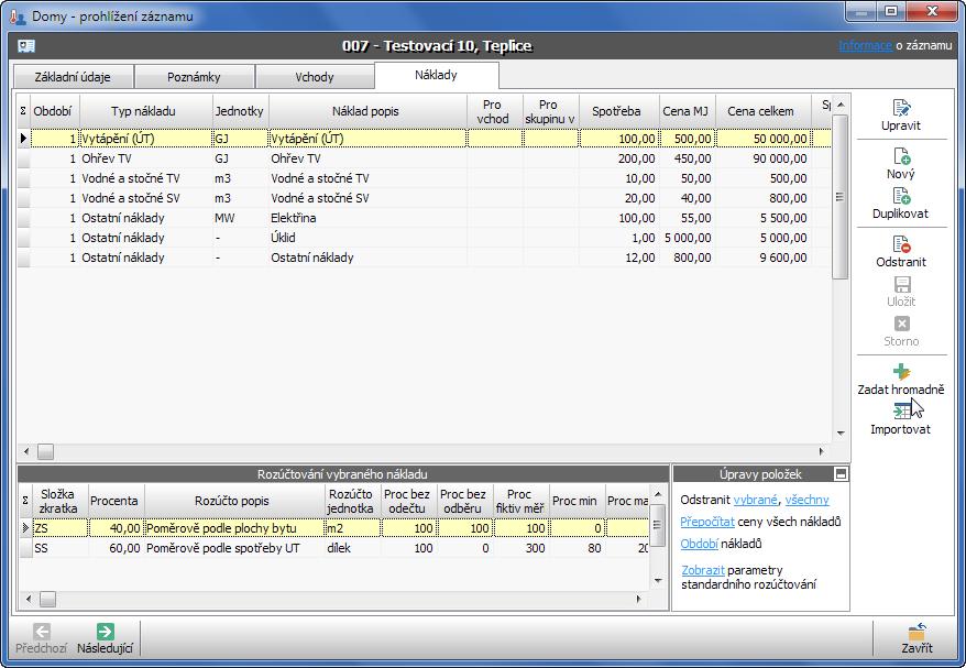 Zadání a úprava nákladů a rozúčtování Ke každému domu lze zadat jednotlivé náklady (na vytápění, na teplou vodu, na studenou vodu a ostatní).