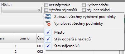 předdefinovaných výběrů. Uživatel může z místní nabídky vybrat zobrazené globální podmínky a popř. je všechny najednou vynulovat.