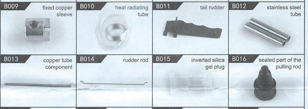 Fixed copper sleeve- měděný plášť Heat radiating tube- zahřívací trubka Tail rudder- ocasní kormidlo Stainless steel tube- ocelová trubka Copper tube component- měděná trubka Rudder rod- táhlo řízení